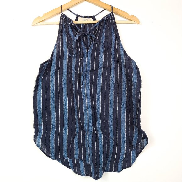 OFT Striped Sleeveless Halter Tie Tank Top Navy Blue Cotton Lightweight Small - Picture 1 of 6